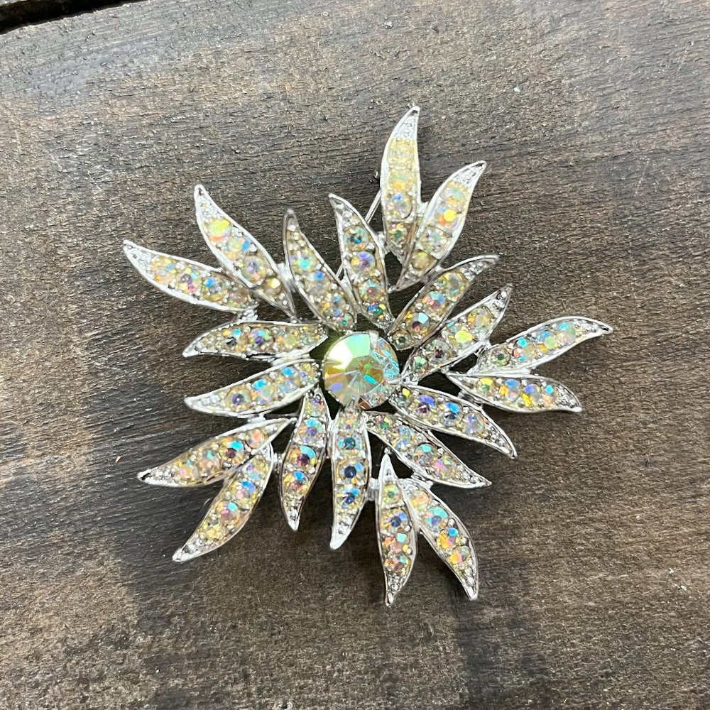 Vintage Sarah Coventry Silvertone AB Rhinestone Flower Silver Pin Brooch